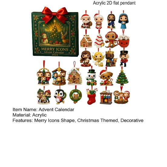 Limited Edition Advent Calendar 2025 24-Day Countdown Christmas Tree Pendant with Merry Christmas Icons Festive Ornaments