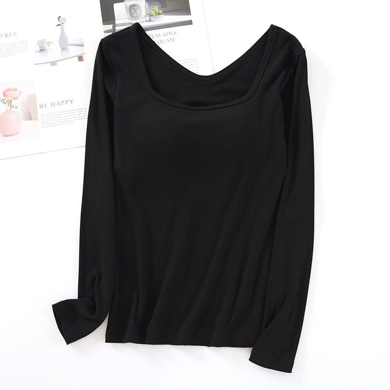 Women's Square Neck Long Sleeve Top with Built-in Bra Pads - Slim Fit for Early Autumn/Spring/Winter