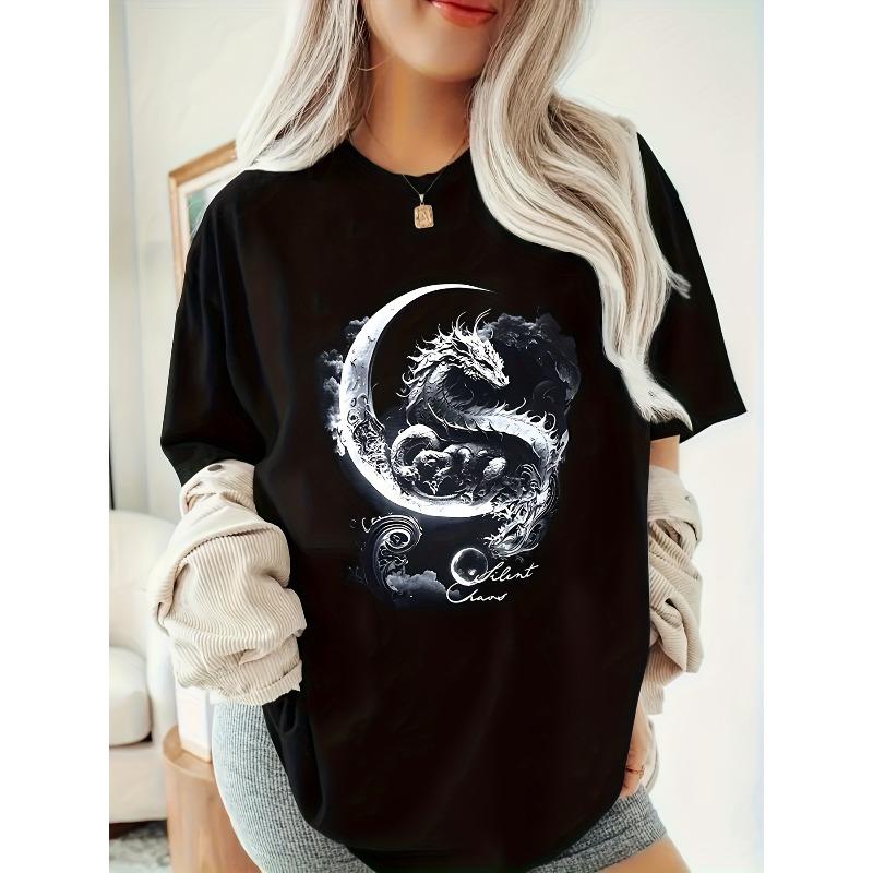 European Size Silent Claws Text Dragon Pattern Print Women's Round Neck Short Sleeve Soft Skin-Friendly T-Shirt