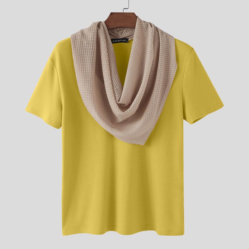 

INCERUN Мужские текстурированные футболки с коротким рукавом и лоскутным дизайном, с отложным воротником, повседневные топы 4XL жёлтый