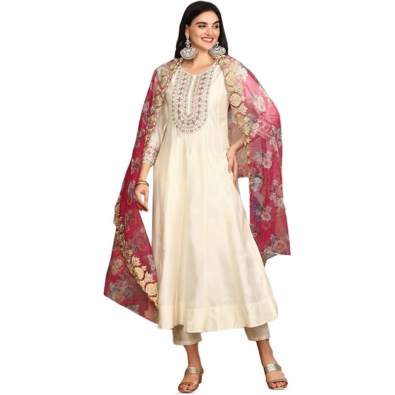 ishin White Floral Embroidered Thread Work Straight Kurta With Trousers & Dupatta | Kurta set for women | Kurta with tro