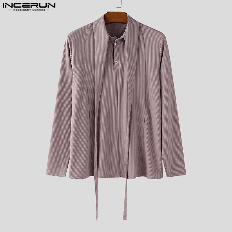 INCERUN Men Lapel Neck Long Sleeve Button Rib Texture Casual Tops T-shirts