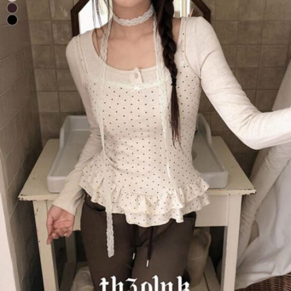 The Pink Women Slim Fit Dot Lace Frill Tank + Cardigan Set