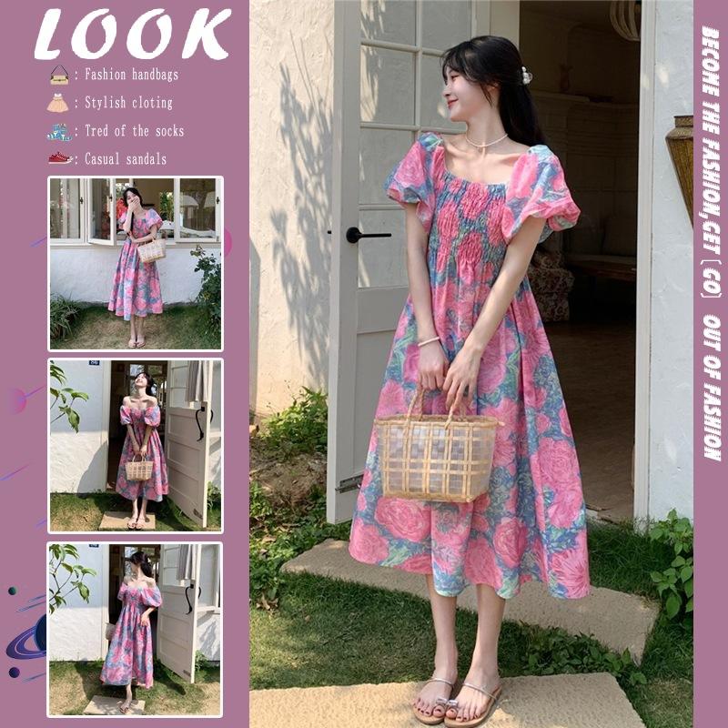 Large size French square collar holiday style skirt dress women's summer new fat MM lantern sleeve floral dress