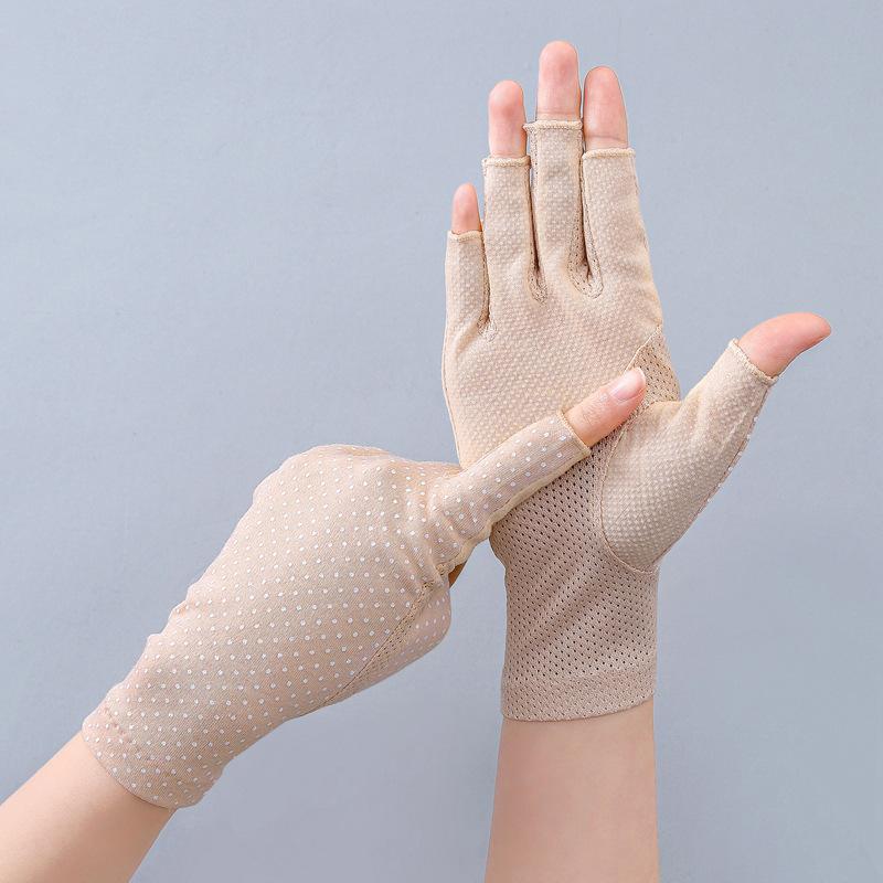 New Fashion Women's Cotton Dot Summer Fingerless Half Finger Anti-Skid Sun Protection Printing anti-UV Thin Short Driving Gloves