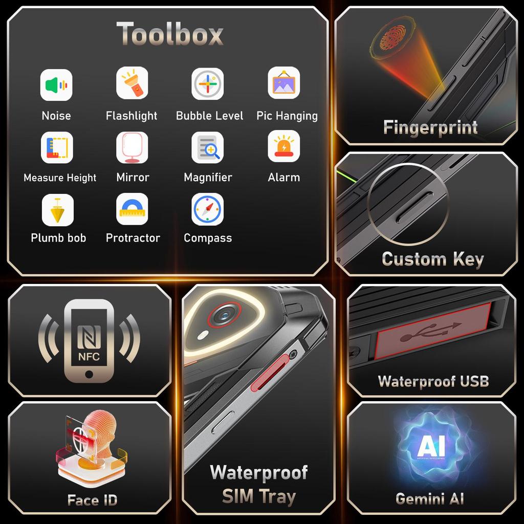 CUBOT Kingkong Mini 4 Android 15 Rugged Smartphone 16GB+128GB, 4.7'' Display, Camping Lamp, 48MP+16MP, 4700mAh, 4G Dual SIM/Face ID/NFC/IP68/GPS