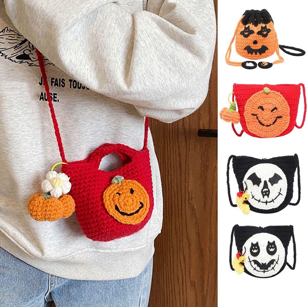 With Pendant Pumpkin Knit Handbag Bat Halloween Crochet Bag Fashion Halloween Shoulder Bag Gifts