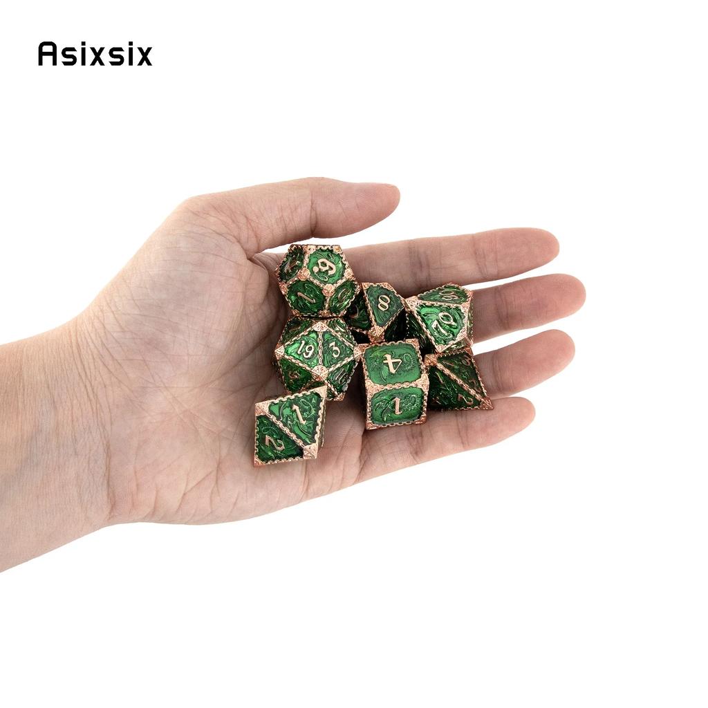 7 Pcs Green Golden Dragon Metal Dice Solid Metal Polyhedral Dice Set Suitable For Role-Playing Dice PropBoard Game Gift