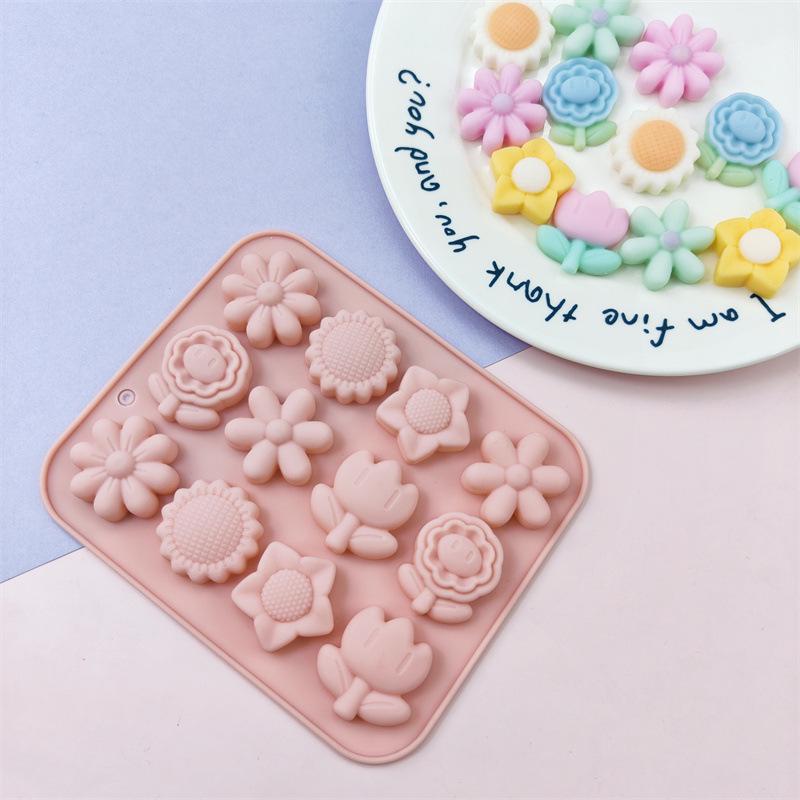 12-Cavity Silicone Mold for Flower Shapes: Sunflower & Tulip Resin Epoxy Cake Decoration Mold