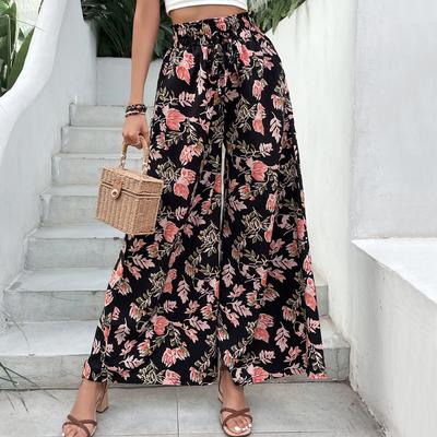 Women's Fashion Casual Floral Print High Waist Trousers Pants & Capris