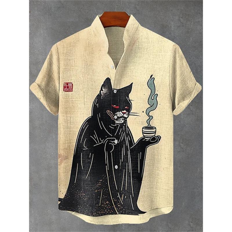 Men's short-sleeved shirt with a fun cat print, stand-up collar, single-breasted casual style. Hawaiian shirt, men's unique top.