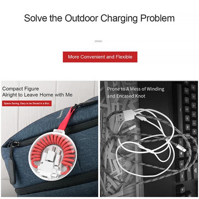 Portable Telescopic Spring Data Cable With Storage Box 3-in-1 Charging And Data Transfer Usb