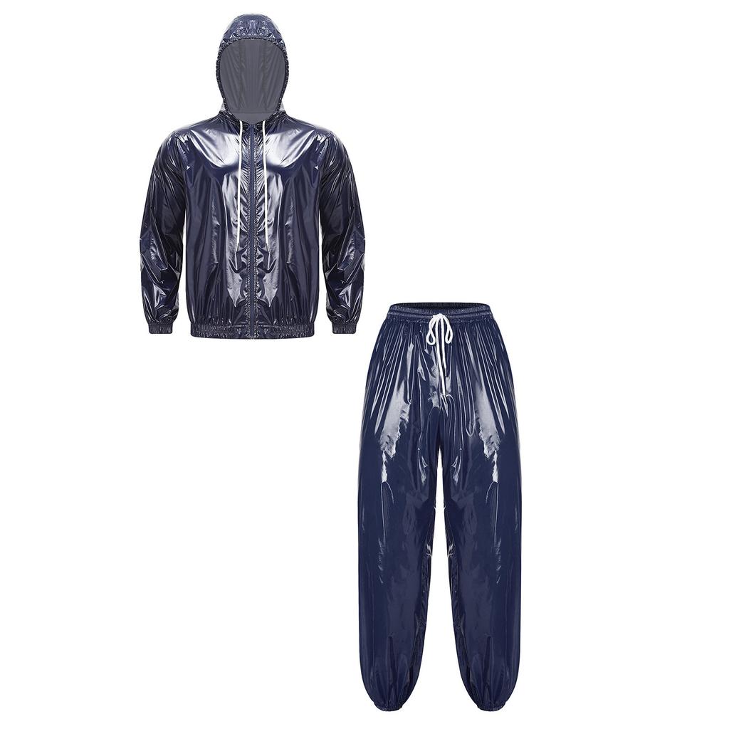 Men’s Outdoor Waterproof Suit Hooded Windbreaker Jacket Front Zipper and Sweatpants for Trail Fishing Workout Exercise