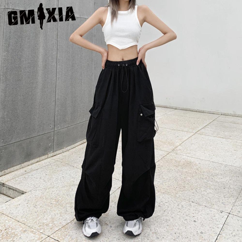 

GMXIA Women Hip Hop Cargo Pants Baggy Solid Color Elastic Waist Trousers Loose Breathable Female Pants S чёрный