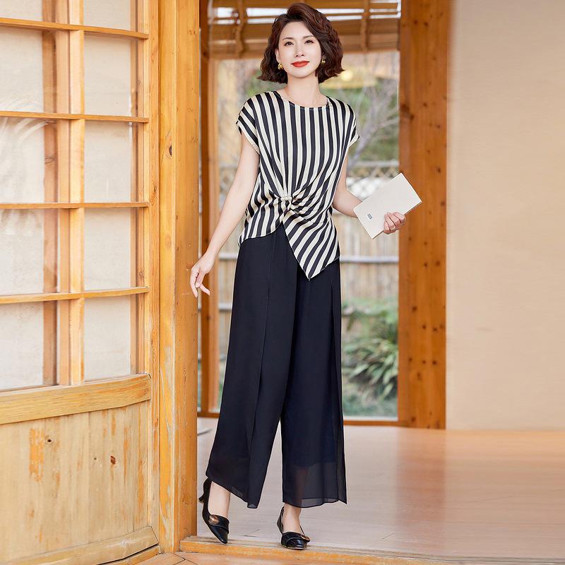 Striped Button-Up Top & Slit Wide-Leg Pants Two-Piece Set for Moms – Summer Casual