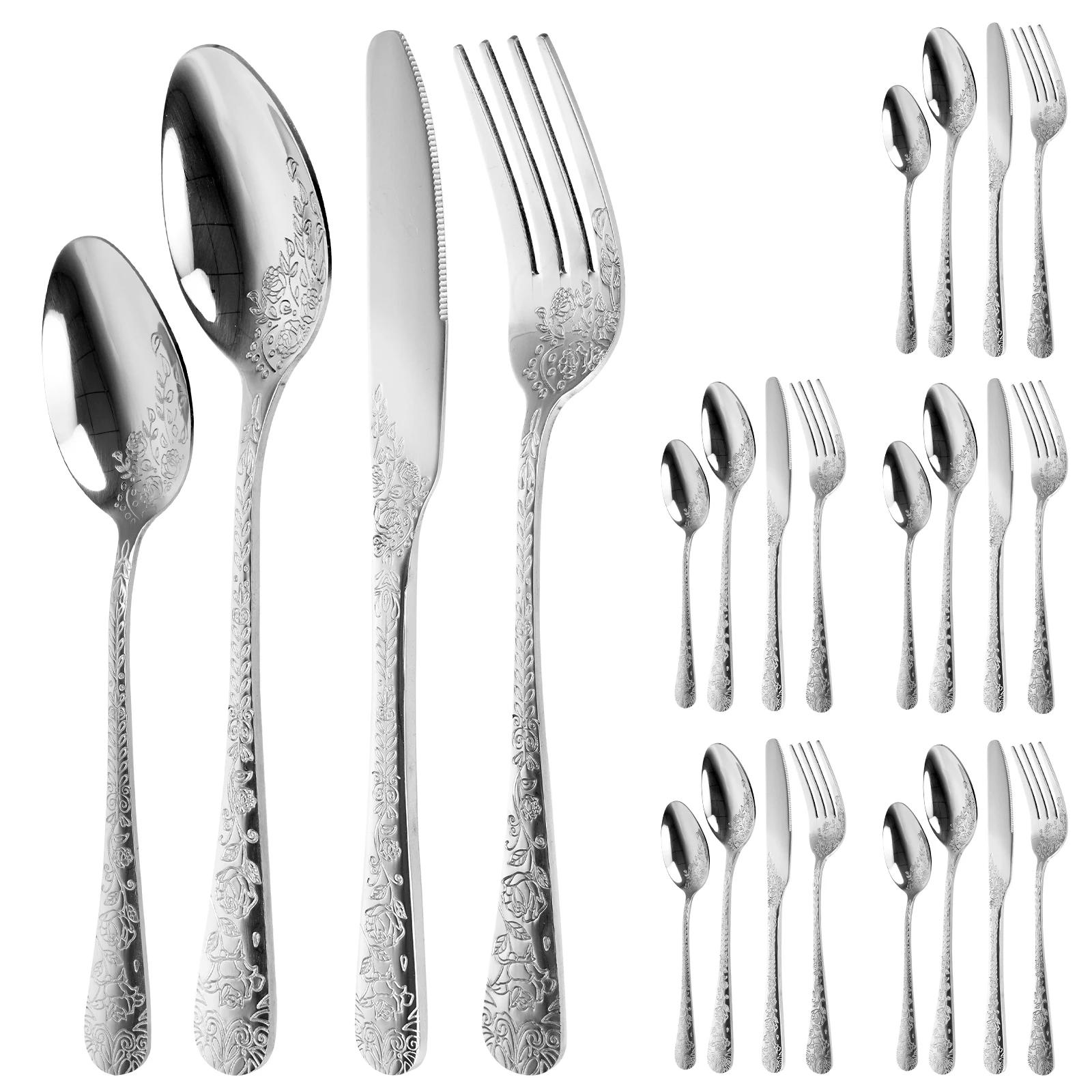 

6Set Cutlery Kit Stainless Steel Utensil Set Elegant Printing Floral Metal Tableware Fork Spoon and Knife Kitchen Daily Supplies