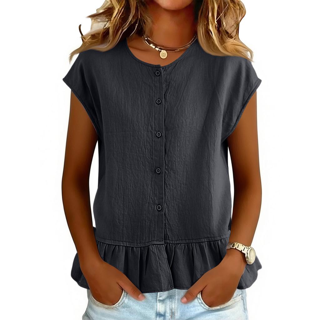 Women Short Sleeve Ruffle Hem Peplum Tops Crewneck Button Down Shirts Casual Fashion Blouse