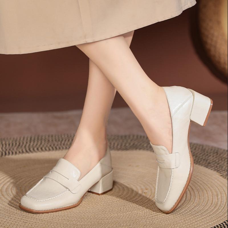 Retro Loafers Myke Skinn Hæler Toveissko Collegestil Små Skinnsko Slip-on Sko for Kvinner Tykke Hæler Høye Hæler