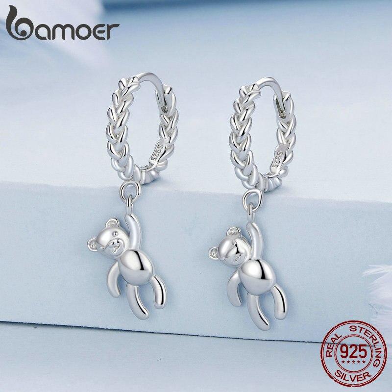 Bamoer 925 Sterling Silver Braided Texture Twisted Ear Buckles Silver Bear Drop Earrings for Women Christmas Gift Jewelry