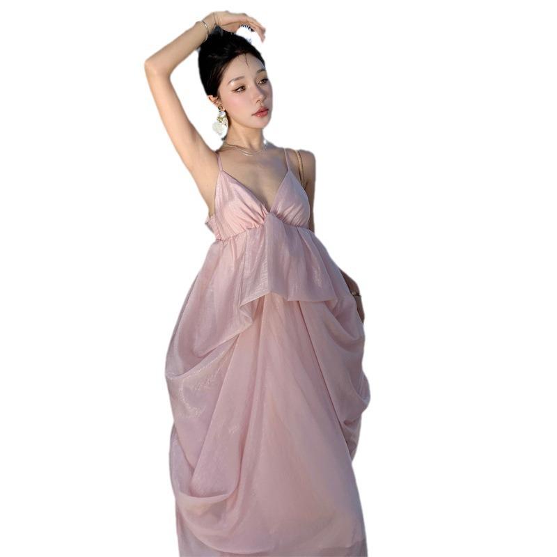 Pink French Backless Camisole Dress - Elegant Beach-Ready Evening Gown for Women