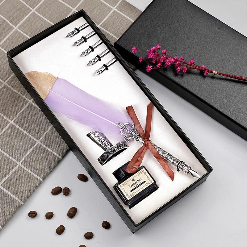 European Retro Feather Calligraphy Set: Oblique Nib Dip Pen with Holder and Ink Engraving