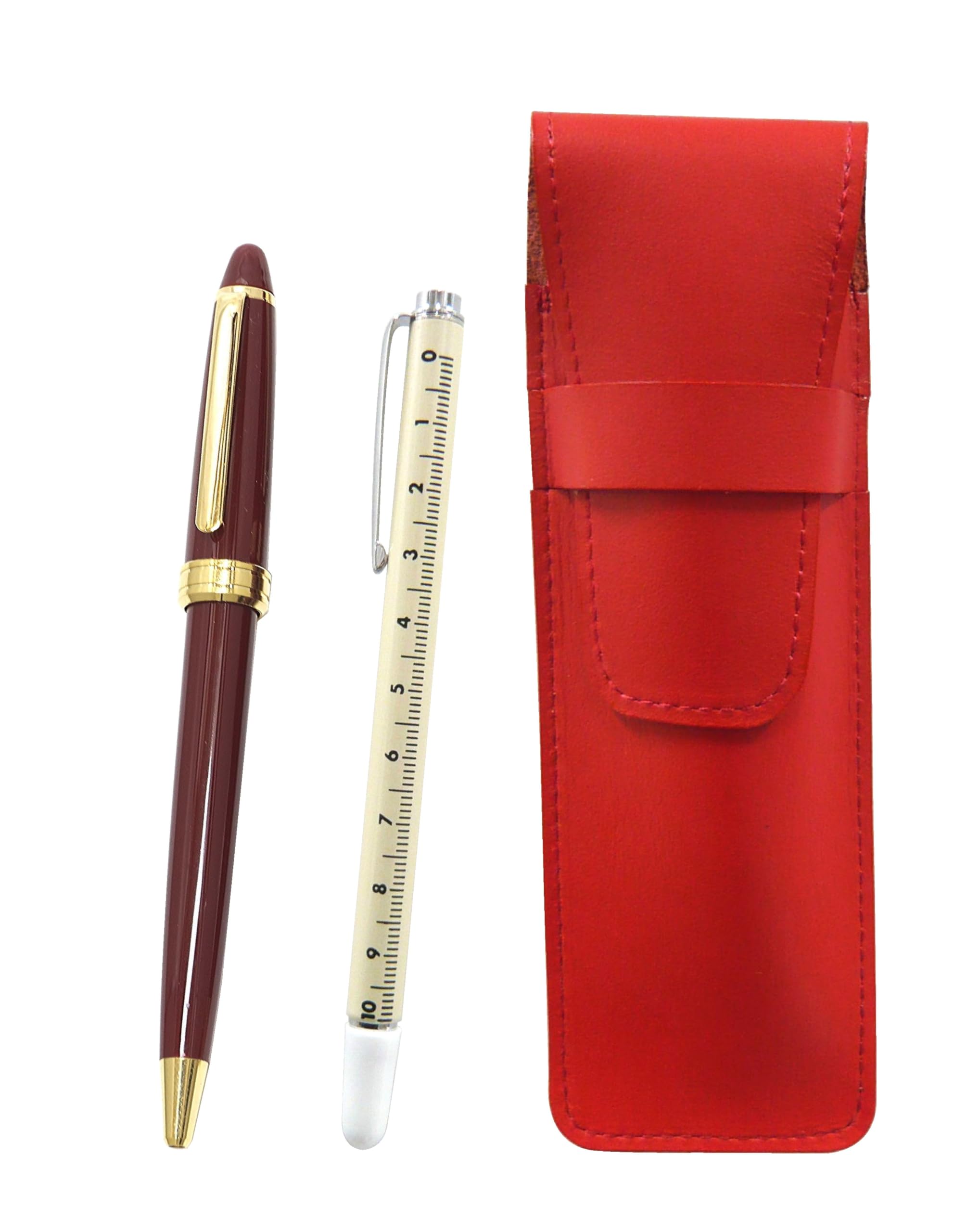 

Slim Cowhide Leather Pencil with Slide Measuring Stick and Neo Ballpoint Pen 2-Pack Case, Red, D-600 Set, Red, ASR-708W-600B-R-2