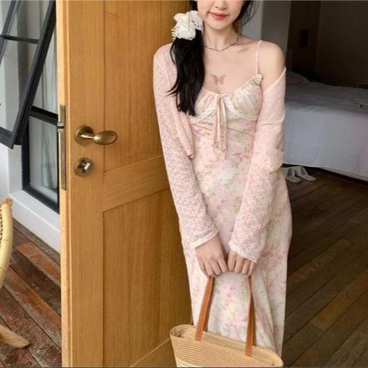 2026 Design Sense Fashion French Light Pink Suspender Floral Dress Women's New Holiday Temperament Long Dress Tide