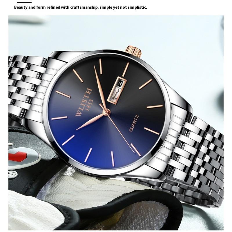Top Brand Waterproof Quartz Double Calendar Fashion Steel Band Business Men's Wristwatch