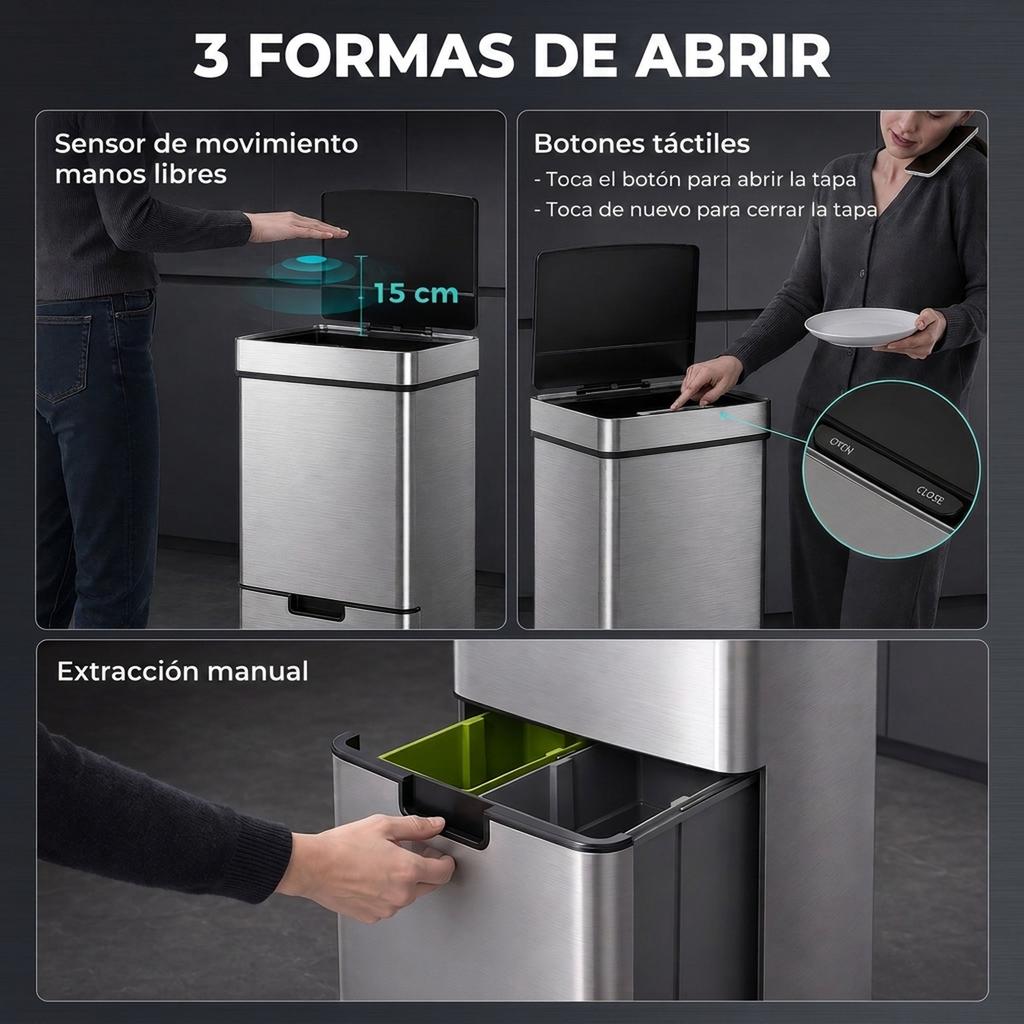 Kitchen Waste Bin, 72 L, Motion Sensor, 3 Compartments, 42 x 30 x 81 cm, Grey