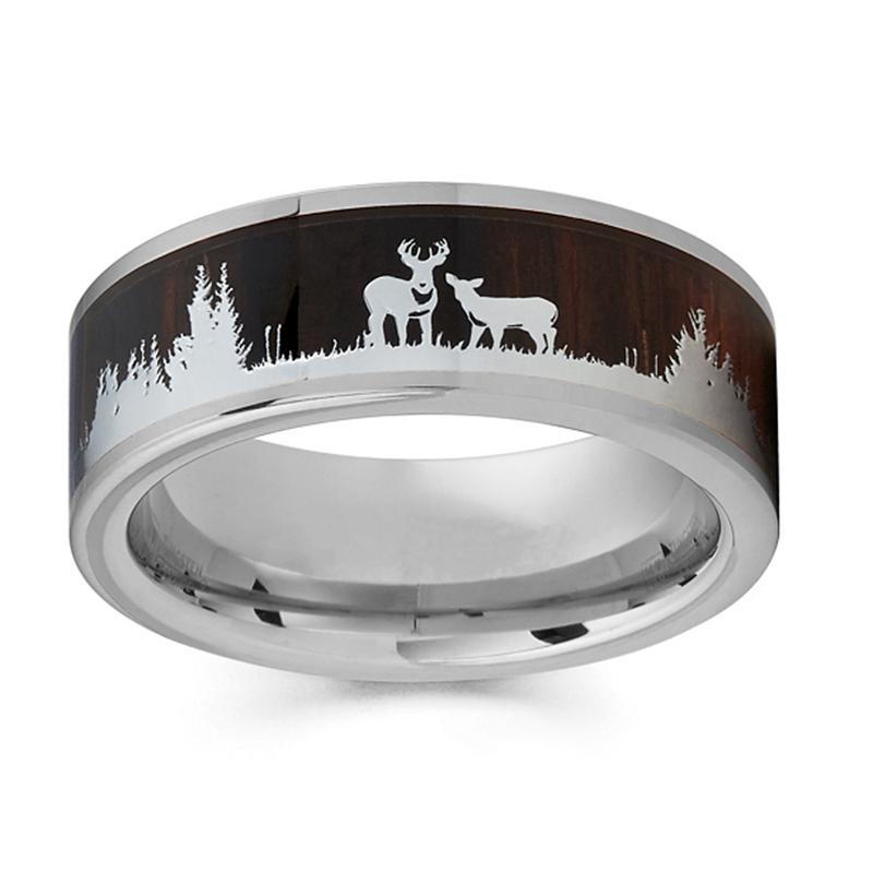 2023  8mm Men Black Titanium Wild Life Hunting Ring Koa Wood Inlay Deer Family Silhouette Steel Ring Men Wedding Band