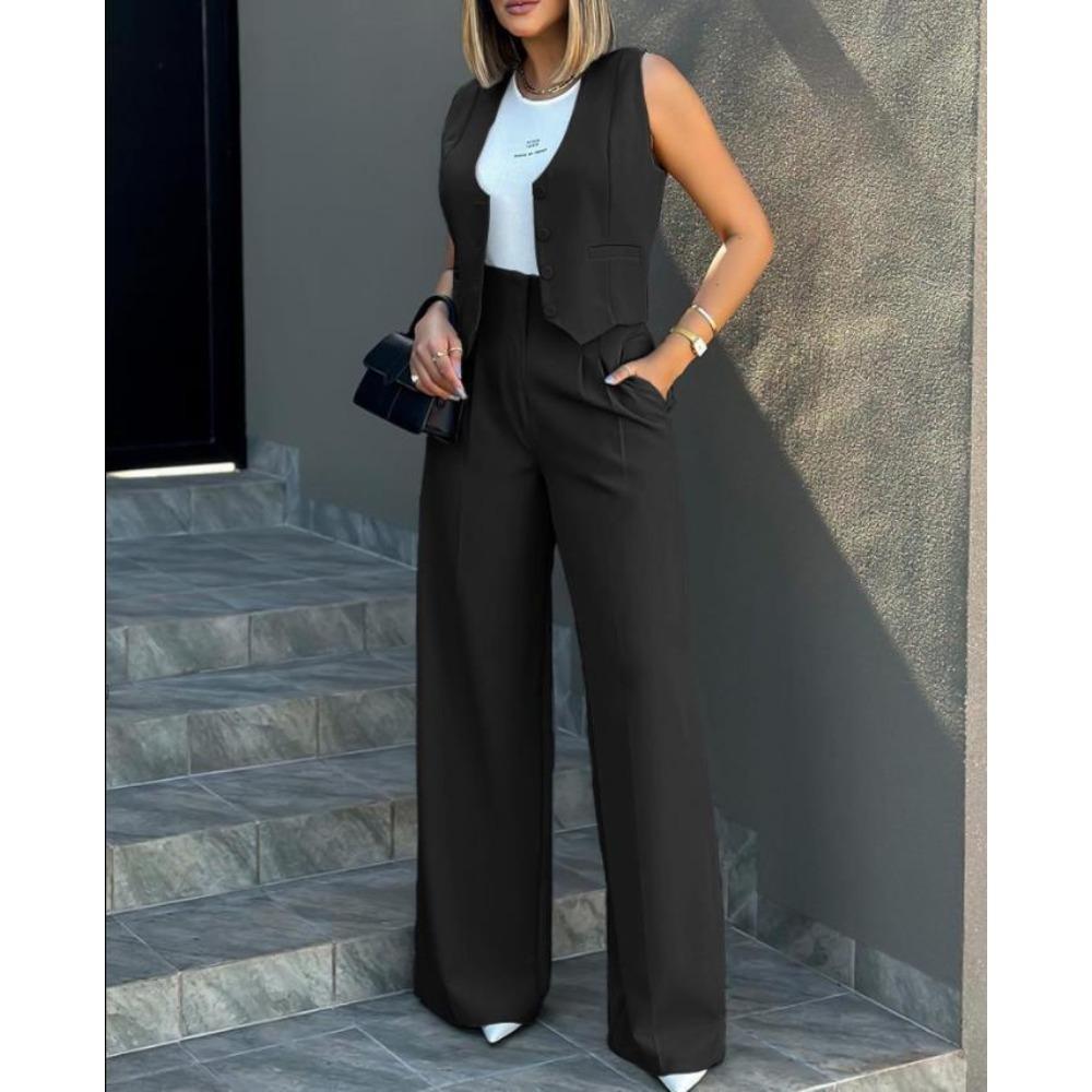 Completo da Donna Primavera Estate Nuovo Monocolore Due Pezzi per Suit Vest alla Moda Pantaloni a Vita Alta Gamba Larga Casual Completo Due Pezzi