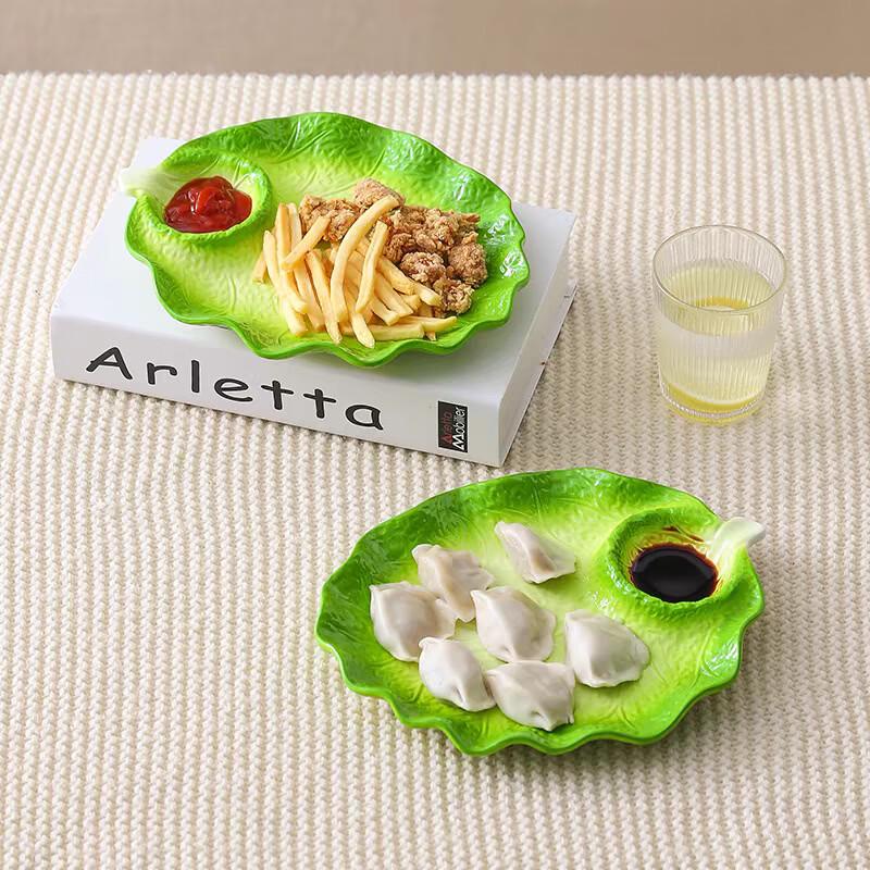 ZISIZ Green Cabbage Ceramic Divided Dumpling Plate Set