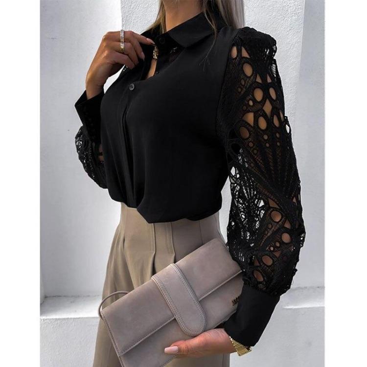 Mesh Design Hollow Out Lace Sexy Vintage Button Up Long Sleeve Blouse Top Women Shirts Femme Tops Spring White Black