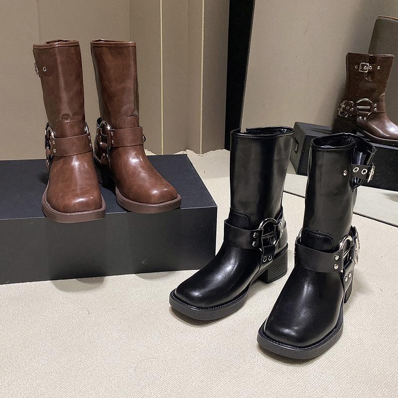 Fashion New Trend Women Boots Retro Brown Belt Buckle Women's High Boots Western Cowboy Boots Fashion Temperament Boots Botas Para Mujer