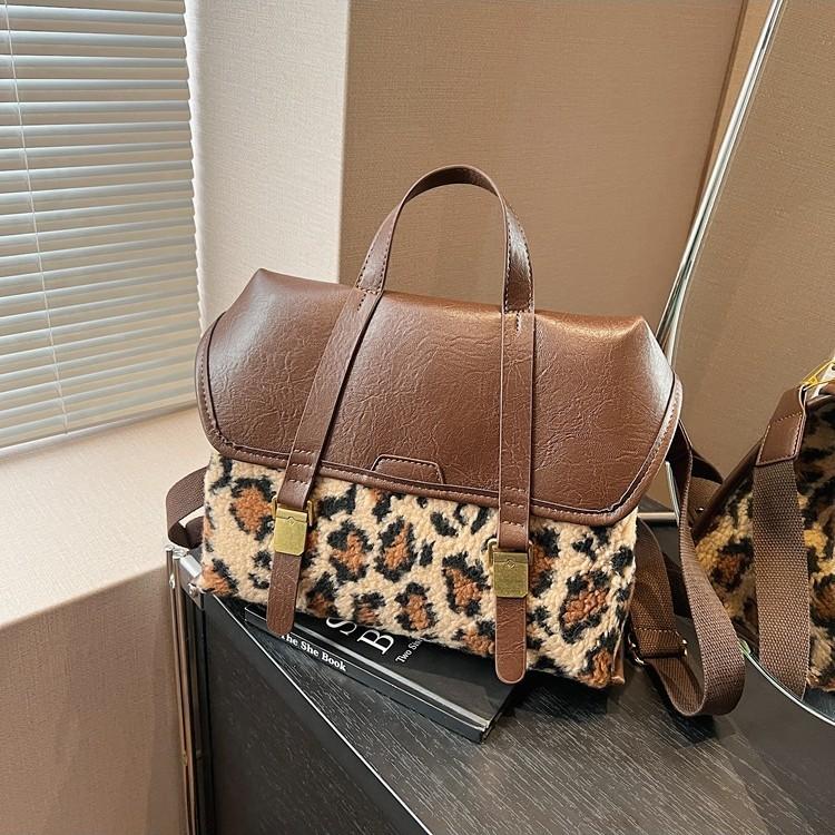 

Плюшевая сумка женская большой вместимости новая осенне-зимняя сумка-мессенджер с леопардовым принтом многофункциональный рюкзак коричневый