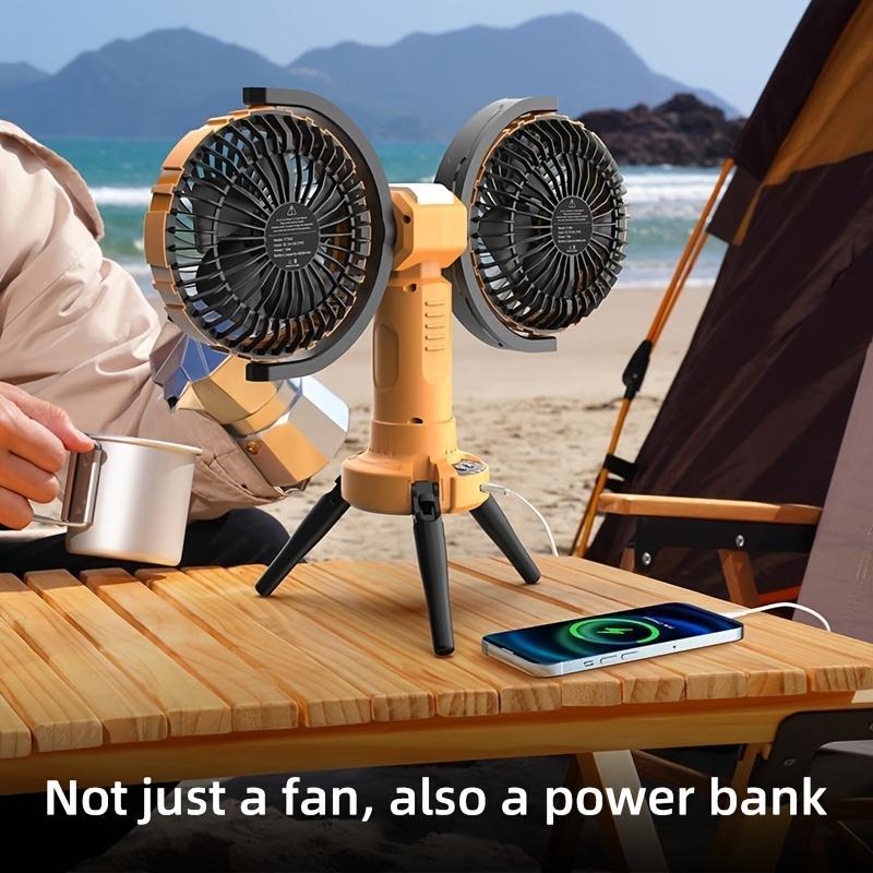 Dual Head Oscillating Outdoor Fan with Built-In Power Bank, Adjustable Speeds Brightness,360° Rotation,Hangable Design for Camping,Picnics,Camping Fan