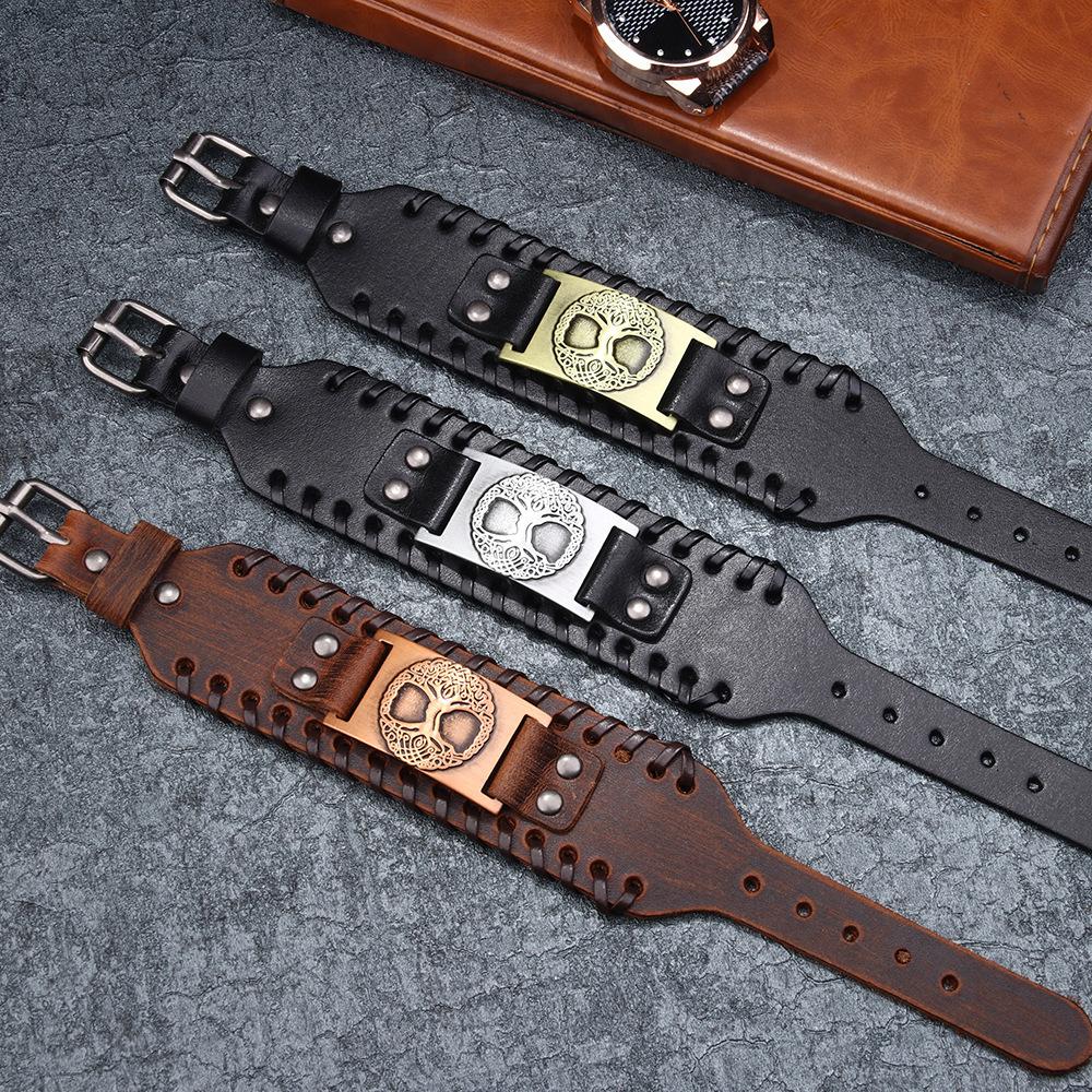 Life Tree Alloy Wide Leather Bracelet Mens Leather Jewelry