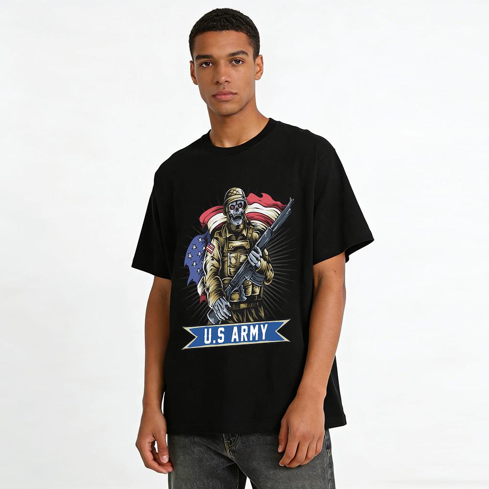 Vintage US Army Skull Soldier Print Tee Military Style Casual Top Pure Cotton T-shirt