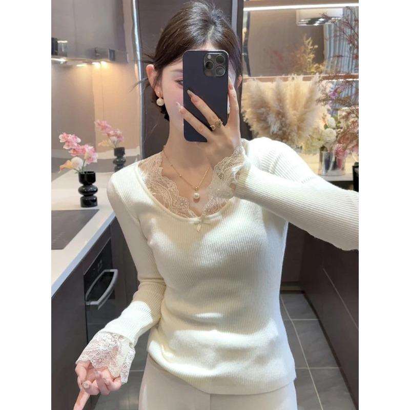 Lace v-neck bow knitted sweater women's autumn and winter slim fit inside stacked top pure desire wind sweet and spicy backing sweater