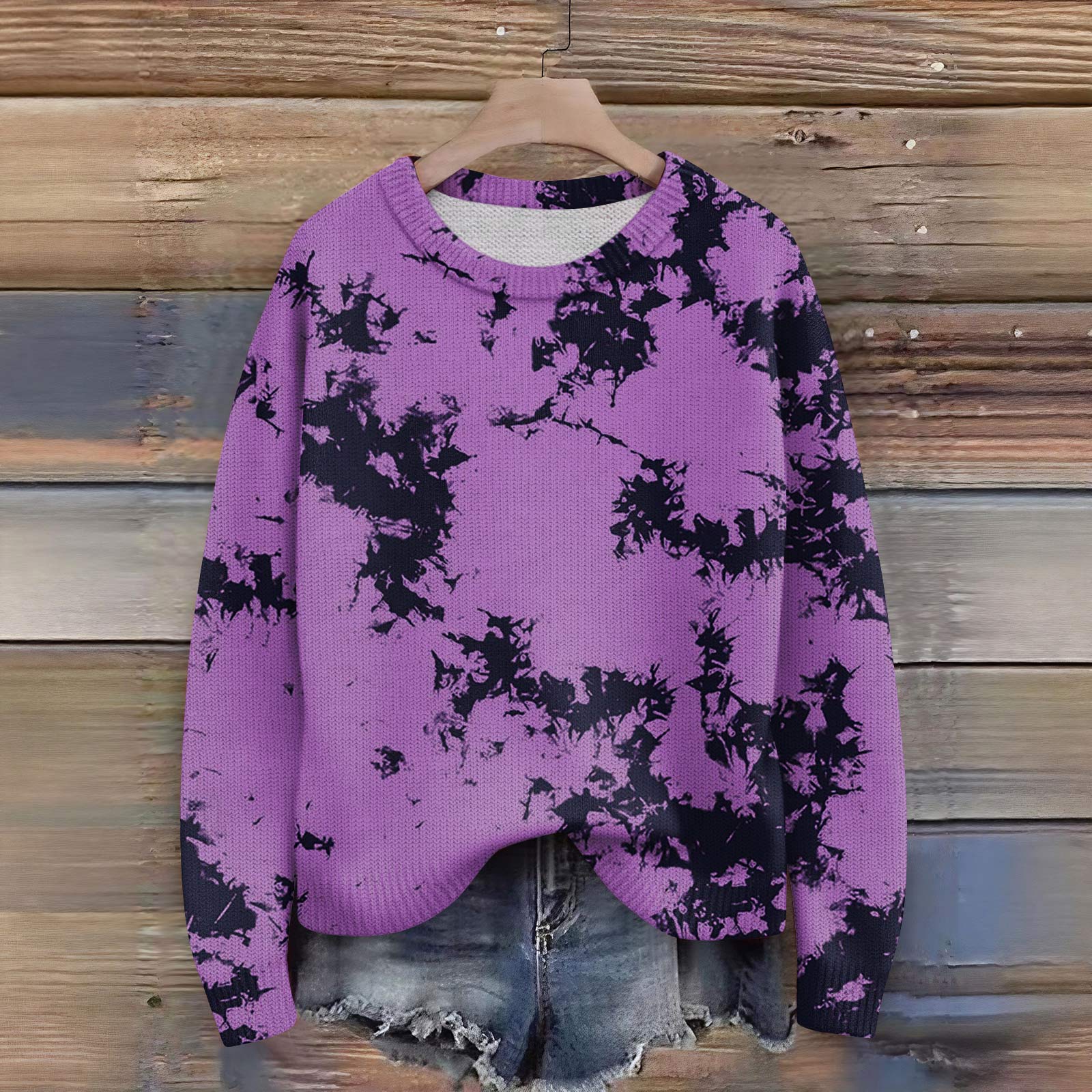 

Пуловеры с длинным рукавом для женщин, с круглым вырезом, повседневные, милые, с принтом, вязаные, оверсайз M фиолетовый