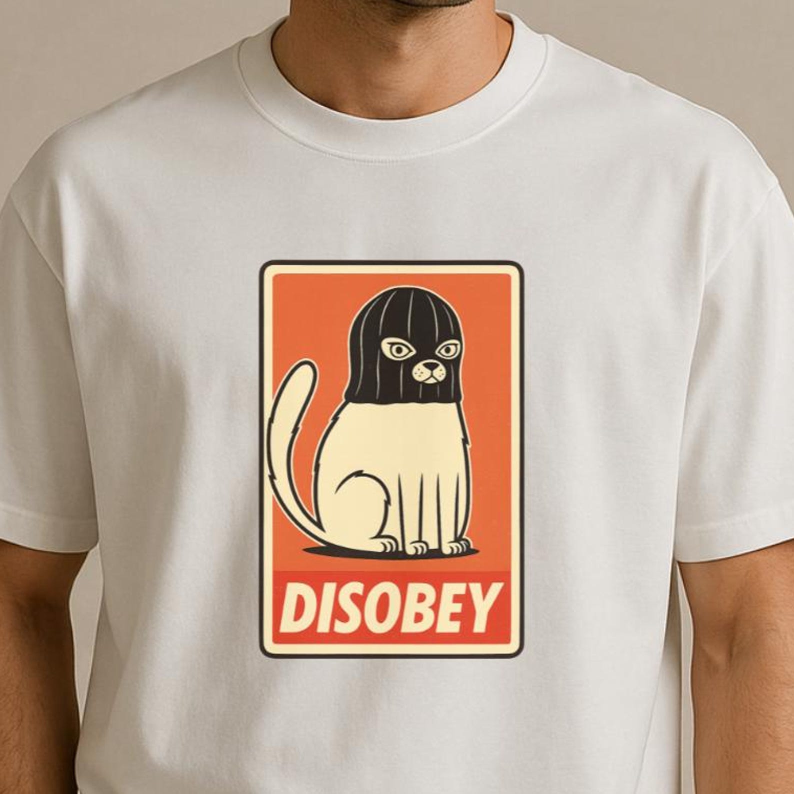 Disobey Cat T-Shirt: Retro Propaganda, Balaclava Kitty L
