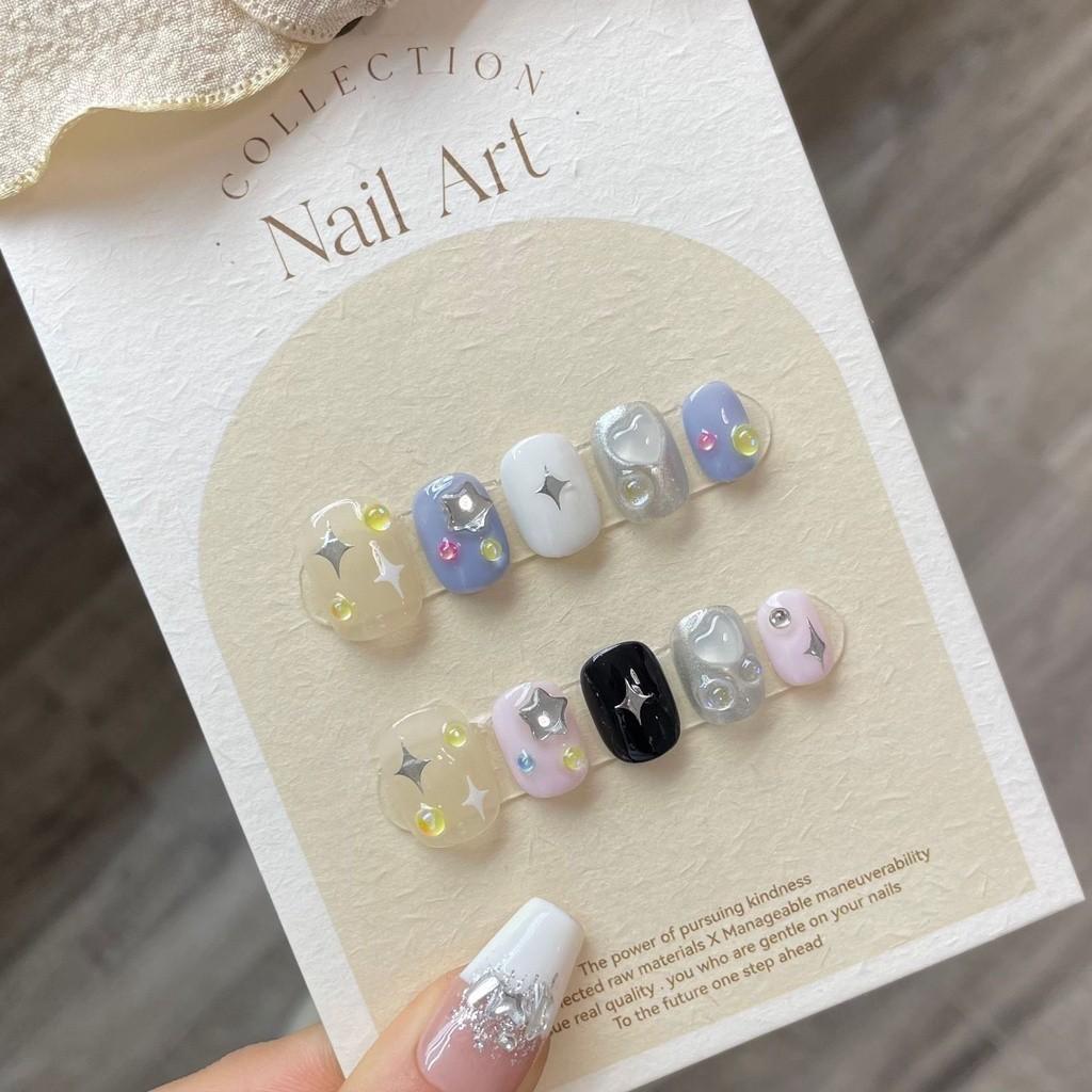 100% HANDMADE Short Round Fake Nail Set With Glue Star Ice Cream Blue&Yellow Cute gentle summer spring sea ocean diamond press on Nails Reusable