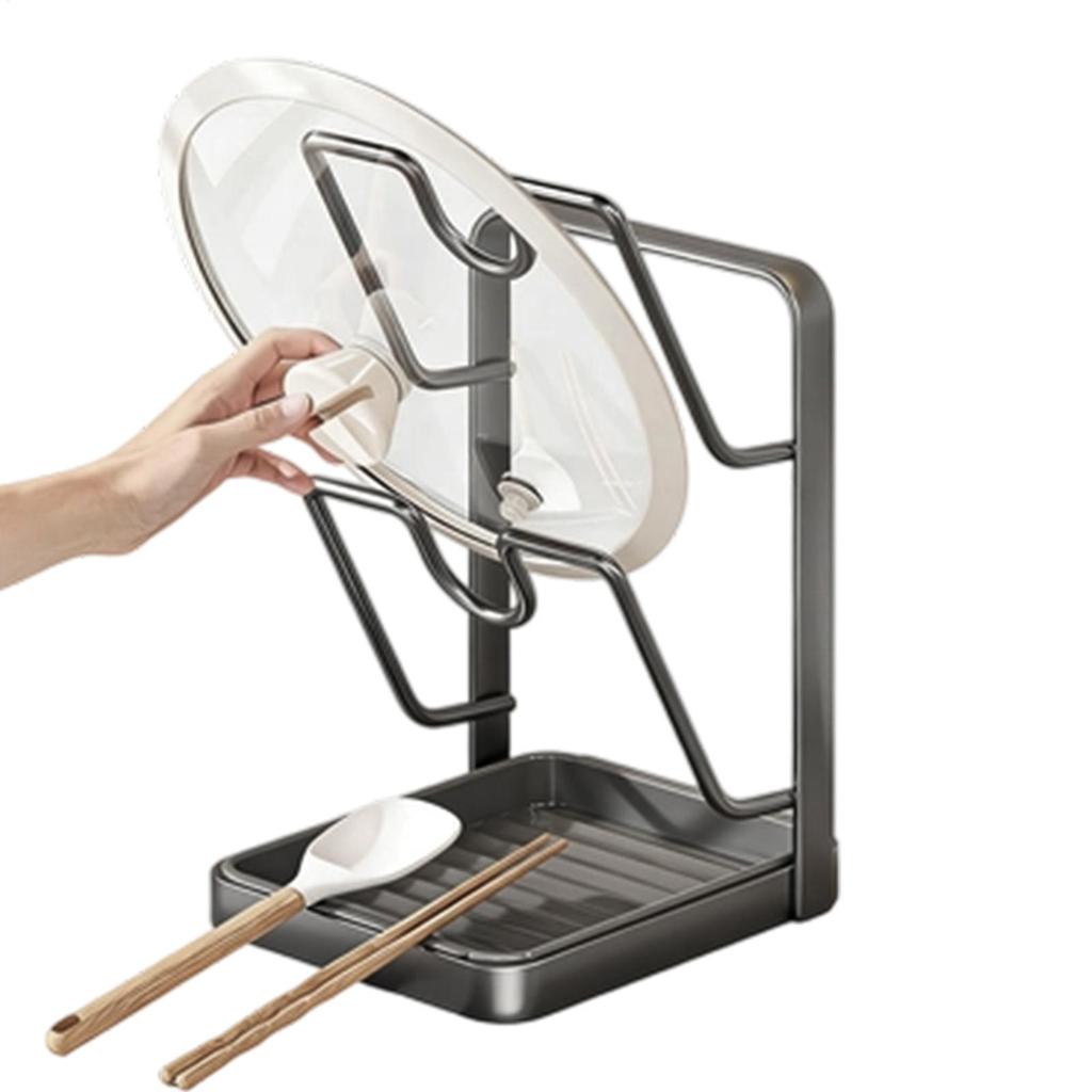 Pan Lid Organizer 2-Tier Storage Stand Lid Holder with Drip Tray for Spatula Ladle Spoon Kitchen Countertop