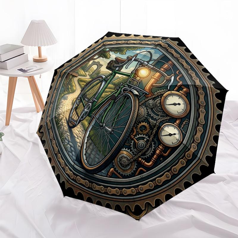 Steampunk Bicycle Journey Pattern Umbrella, Portable and Foldable Design, 8 Ribs, a Casual Accessory for Halloween, Christmas, and Birthday Gifts.