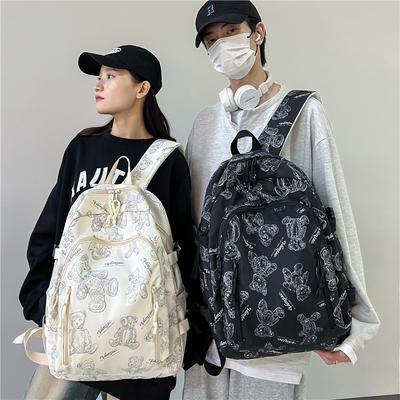 Schooltas voor middelbare scholieren, damesrugzak met eenvoudige Japanse print en beer, schattige reistas voor meisjes