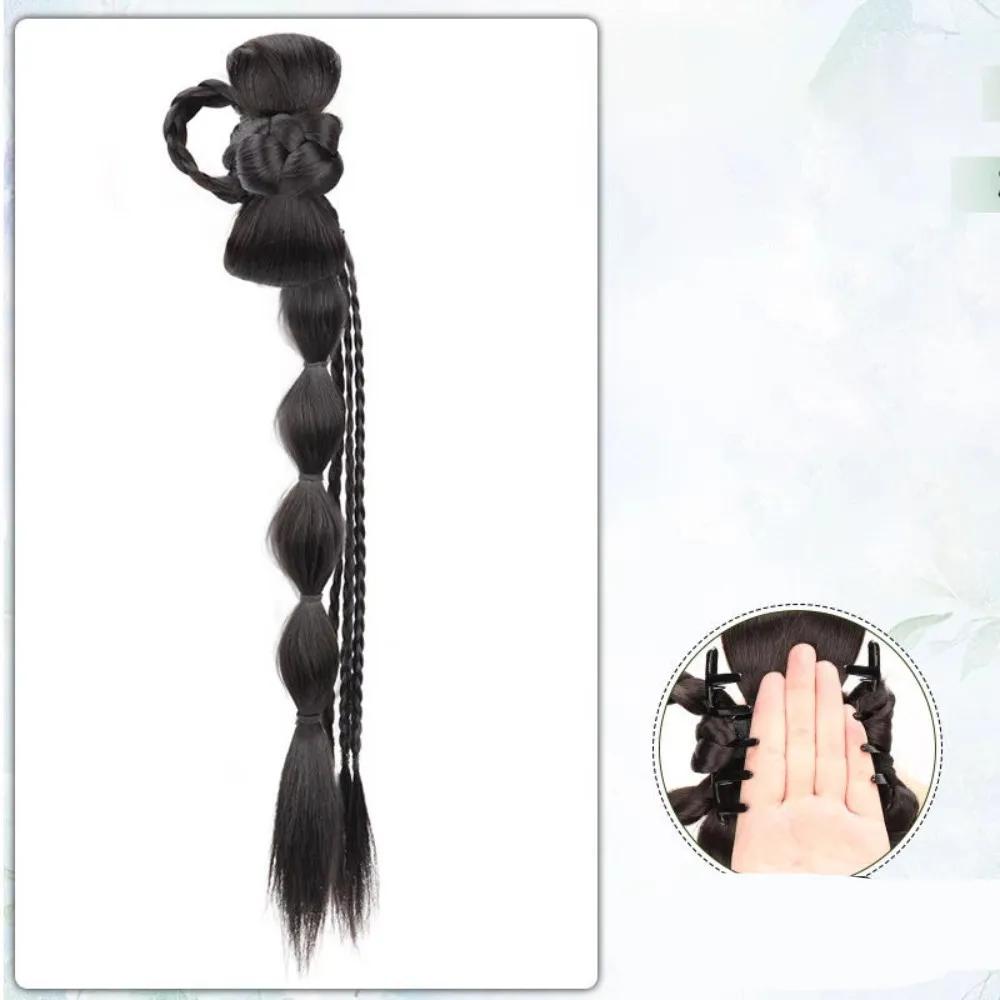 Synthetic Ponytail Bubble Braid Wig Hanfu Cheongsam Side-tie Ball Head Clip-on Twisted Braids Extension Simulated Flower Bud