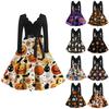 Women's Fashion Wave Edge V-Neck Casual Slim Halloween Printed Long Sleeve Dresses