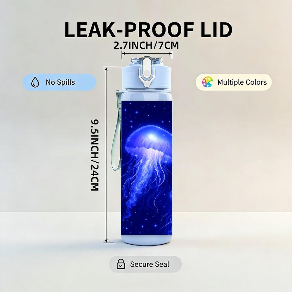 1PC Dark Blue Glowing Jellyfish Ocean Print 750ml Color Plastic Sports Water Bottle Leakproof Flip Straw Lid Suitable for Sports Office Home Use