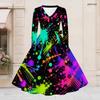 Women Plus Size V Neck Long Sleeve Rainbow Splash Printed Tie Waist A Line Midi Dress