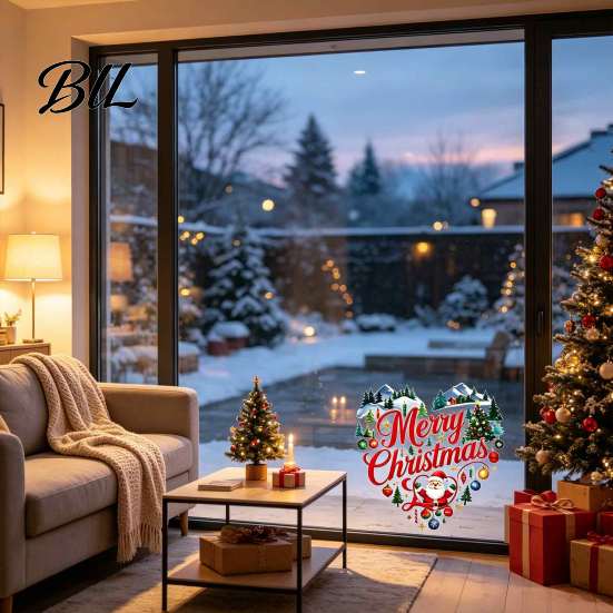 Holiday Glass Clings Merry Christmas Window Cling, Heart Shaped Sticker with Santa Claus Xmas Creative Home Accents Tree Balls, Winter Static